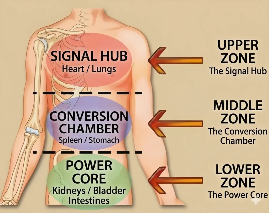 The 3-Zone Physical Mapping: Identifying Signal Hub, Conversion Chamber, and Power Core for Male Vitality Restoration.
