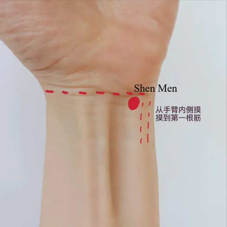 Shen-Men (Spirit Gate) point location on wrist for calming the signal hub and reducing performance anxiety.